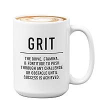 Motivational Coffee Mug 15 oz, Grit, Daily Motivation Quote Encouragement Positive Affirmation Wishes Strength of Character for Men Women, White