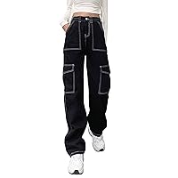 ICNGLKSND Womens Girls High Waisted Baggy Jeans Straight Wide Leg Denim Pants Y2K Trousers Streetwear with Big Pockets