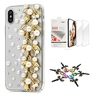 STENES Sparkle Case Compatible with iPhone 13 Pro Max - Stylish - 3D Handmade Bling Leaf Pearl Crystal Rhinestone Glitter Design Cover Case with Screen Protector [2 Pack] - Gold