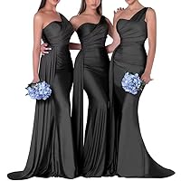 Women Satin Mermaid Bridesmaid Dresses Long One Shoulder Formal Wedding Guest Party Dresses LD0069 Black 4