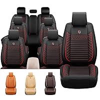 7 Car Seat Covers for Dodge Grand Caravan 2008-2024, Front and Rear Split Bench Seat Protectors Anti-Slip & Wear-Resistant Faux Leather(7 seat Standard, Black-Red
