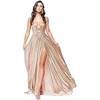 Sparkly Sequin Prom Dresses with Slit Long Deep V-Neck Spaghetti Straps Formal Dresses for Women Backless