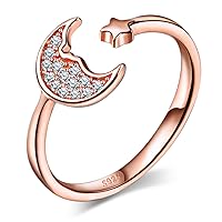 Moon and Star 925 Sterling Silver Cubic Zirconia Casual Adjustable Opening Ring for Women/Girls,Size 5.5-7.5