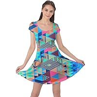 CowCow Womens Colorful Retro Geometric Gem Triangle Abstract Rainbow Short Sleeve Dress, XS-5XL