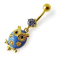 Gold Plated Lavender Gems Fancy Color Painting Owl Sterling Silver Dangling Belly Ring