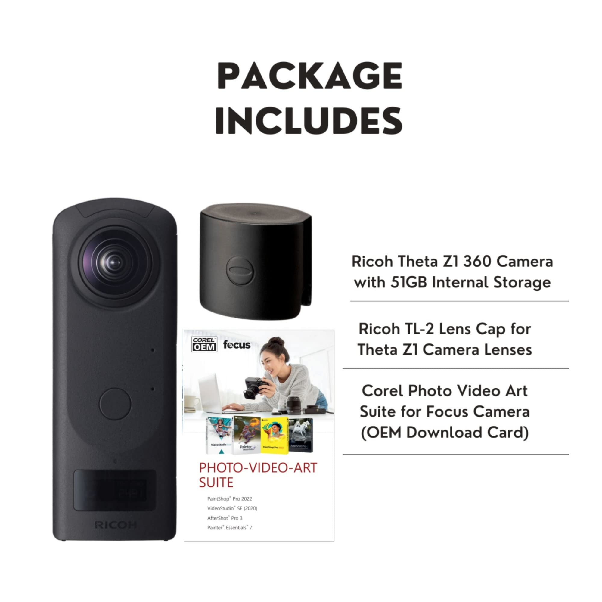 Ricoh Theta Z1 360 Camera with 51GB Internal Storage Bundle with Lens Cap and Photo and Video Suite Software Kit (3 Items)