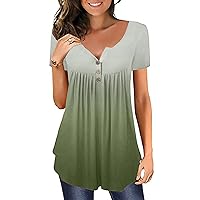 Long Tunic Tops to Wear with Leggings, Women's Tunic Tops for Leggings Short Sleeve Hide Belly Gradient Tee T-Shirt Casual Dressy Henley Neck Casual Dressy Blouses