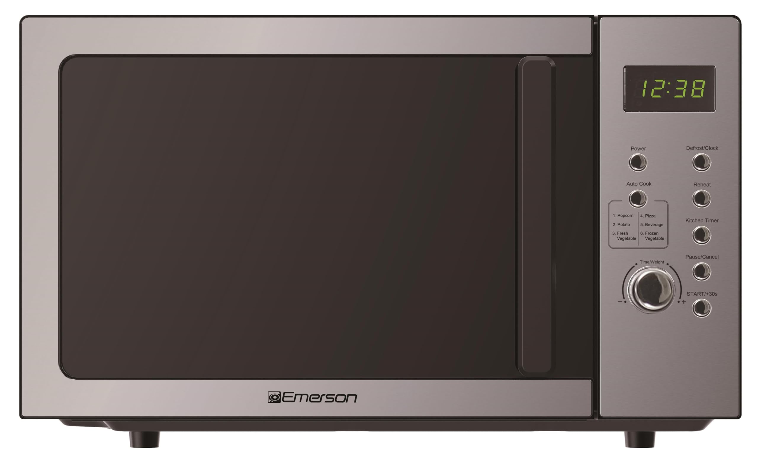 Emerson MW9005SS Microwave Oven with Timer & LED Display 900W, 5 Power Levels, 6 Pre-Programmed Settings, Removable Glass Turntable with Child Safe Lock, 0.9 Cu. Ft, Stainless Steel