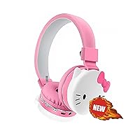 Cartoon Hello Headphones Kawaii Foldable Over-Ear Stereo Girls and Teenage Girls Bluetooth Headphones for Pc/Laptop/Tablet (Pink)