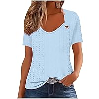 Summer Tops for Women Eyelet Embroidery Blouses Dressy Casual Short Sleeve Tees Solid Color Hollow Out T Shirts