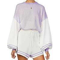 Women's 2 Piece Outfits Knit Sweater Sets Crewneck Pullover and Shorts with Drawstring