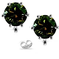 Silver Plated Round Moissanite Stud Earrings (2.33 Ct,Brown Green Color,SI1 Clarity)