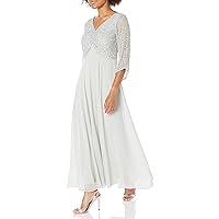 J Kara Women's Petite 3/4 Sleeve V-Neck Beaded Top Long Gown, Silver/Metal/Silver, 12P