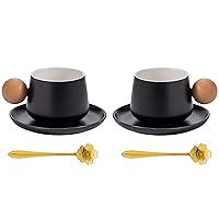 Jusalpha Set of 2-Ceramic Teacup Set, Coffee Mug with Saucer and Spoon Set, Cute Creative Cup with Round Wooden Handle Design for Office and Home, 10 oz/300 ml (Serve of 2, Black)