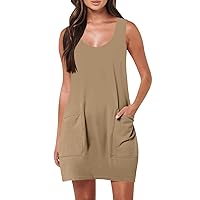 Halter Sundresses for Women Beach Dress for Women 2024 Solid Color Classic Simple Loose Casual with Sleeveless Round Neck Pockets Dresses Khaki XX-Large
