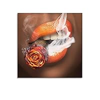 Cigar Smoking Female White Teeth Orange Lips Strong Sexy Retro Lady Posters Modern Stylish Wall Deco Canvas Painting Posters And Prints Wall Art Pictures for Living Room Bedroom Decor 12x12inch(30x30