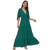 Women's Summer V-Neck, Tiered Silhouette with Flutter Sleeves Maxi Dress for Casual