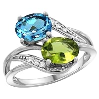 Silver City Jewelry 14K White Gold Diamond Natural Swiss Blue Topaz & Peridot 2-Stone Ring Oval 8x6mm, Size 7.5