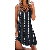 Women Summer Stripes Casual Cami Halter Dresses Fashion Criss Cross Neck Sleeveless Swing Tunic Beach T-Shirt Dress