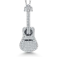 Gem Stone King 925 Sterling Silver Black and White Cubic Zirconia Guitar Pendant Necklace | 2.00 Cttw | 34MM = 1 1/2 Inch | With 18 Inch Silver Chain