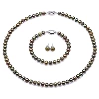 JYX Pearl Necklace Earrings Set 7-8mm Peacock Green Flat Freshwater Pearl Necklace Bracelet and Earring Set for Women