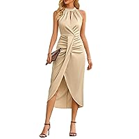 Women's Sexy Halter Bodycon Dresses Sleeveless Ruched Wrap Draped Slit Cocktail Party Midi Dress