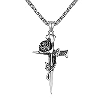 Hip Hop Stainless Steel Rose Cross Pendant Vine Flower Cross Necklace Religious for Men Women, 24 inch Chain