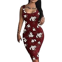 Ladies Spaghetti Strap Dresses Floral Slim Tunic Dresses for Women Square Neck Pencil Midi Fall Summer Dresses 2024