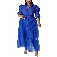 Ekaliy Women’s Plus Size Casual Tunic Tops Blouses Mesh See Through Shirts Dresses with Belt Club Party Outfit