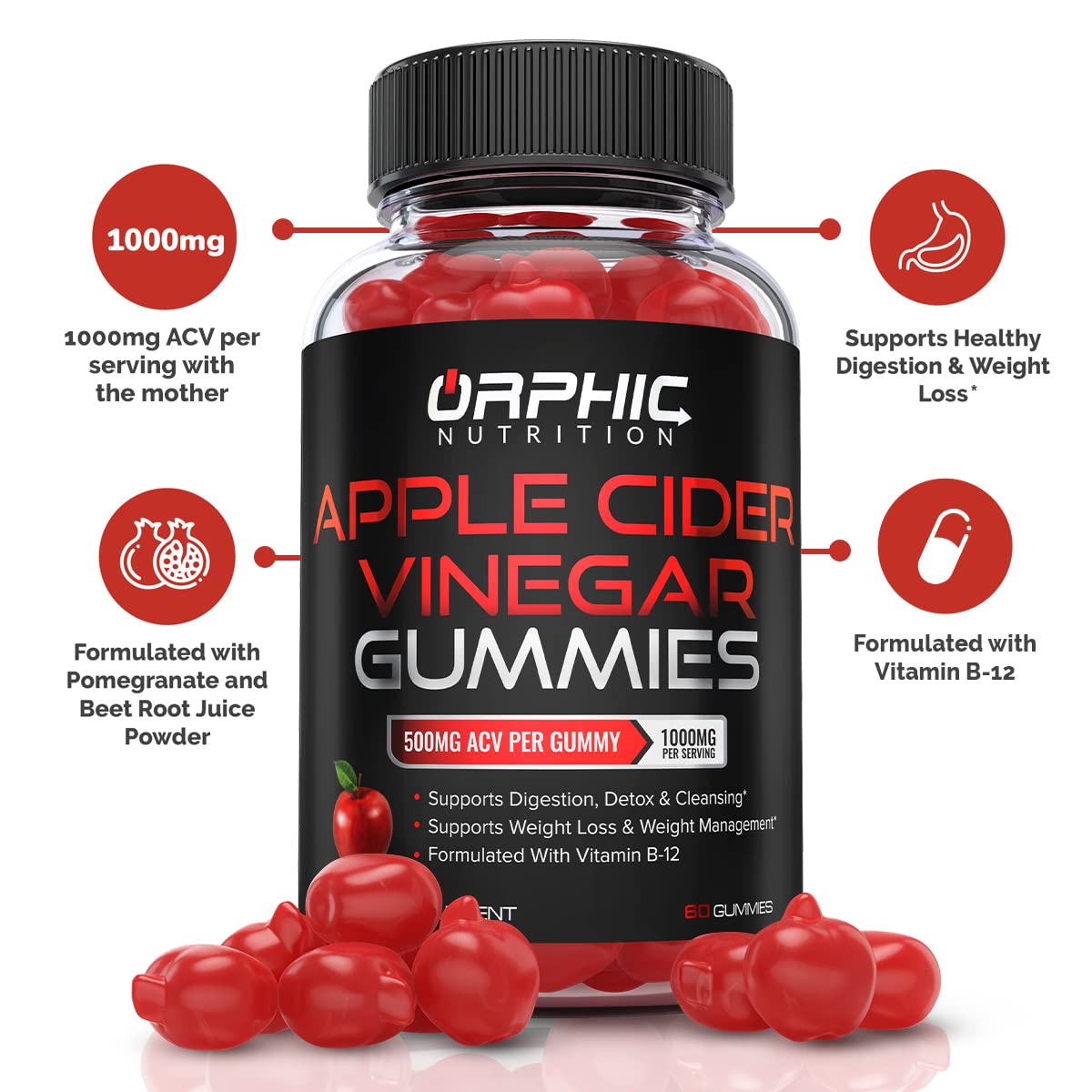 Apple Cider Vinegar Gummies - 1000mg -Formulated to Support Weight Loss Efforts, Normal Energy Levels & Gut Health* - Supports Digestion, Detox & Cleansing* - ACV Gummies W/VIT B12, Beetroot