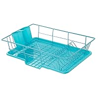 Space-Saving 3-Piece Dish Drainer Rack Set: Efficient Kitchen Organizer for Quick Drying and Storage - Includes Cutlery Holder and Drainboard - Maximize Countertop Space, Turquoise Blue