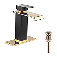 Bathroom Faucet Black with Gold Waterfall One Handle 1-3 Hole Lavatory Vanity Sink Faucet Matching Golden Bathroom Sink Drain with Overflow