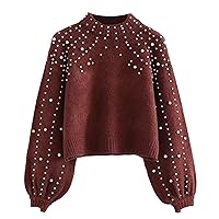 PEHMEA Women's Cropped Sweater Beading Pearls Long Lantern Sleeve Knitted Pullover Jumper
