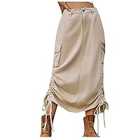 Ruched Cargo Skirt for Women Drawstring Side Solid Color Denim Skirt High Waist Flowy Summer Jeans Skirt Comfy Long Skirt