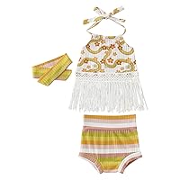 Baby Girl Clothes Set Toddler Summer Print 3PCS Set Outfits Infant Halters Tassel Hem Tops with Headband and Shorts (Yellow, 6-12 Months)