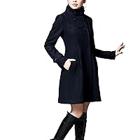 Womens Double Breasted Wool Blend Trench Coats Mid-Long Stand Collar Long Sleeve Dresses Overcoat Hooded Pea Coat
