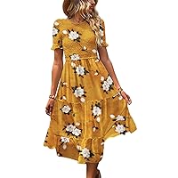 YESNO Women's Summer Causal Short Sleeve Smocked Dress Elastic Waist Tiered Midi Dress with Pockets E10