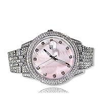 Men's Round White Silver Pink Custom Dial Wrist Watch Band Luxury Round CZ Diamond Iced Bracelet Watch Roman Numeric Dial Watch for Men Women Hip Hop Rapper Choice, Iced Watch Custom Fit
