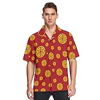 Hawaiian Button Up Shirt Men Short Sleeve Chinese Symbol Wealth and Prosperity Gold Red Dating Camisas de Playa para