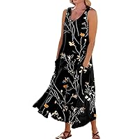 Summer Women Dresses 2023 Vintage Dress for Women Fashion Print Casual Loose Flowy Beach Dresses Sleeveless U Neck Linen Dress with Pockets Yellow XX-Large