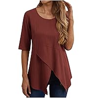 Women's Asymmetrical Hem Round Neck Short Sleeve T Shirt Summer Casual Cozy Solid Loose Tops Flowy Cotton Linen Blouse