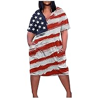 Women's July 4th Patriotic Amercian Flag Dress with Pocket Plus Size Dress 4th of July Short Sleeve T Shirt Dresses
