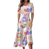 Women's Easter Dresses for Girls Casual Fashion Print V-Neck Short Sleeve Waist Long Swing Dress, S-2XL