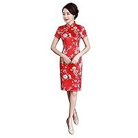 Short Sleeve Cheongam Flower Print Qipao Faux Silk Chinese Dresses