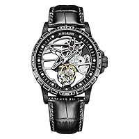 JINLERY Real Tourbillon Skeleton Mechanical Hand Wind Vintage Wrist Watch Men Sapphire Crystal Diamond Business Hollow Manual Winding Luminous Dress Clock Man Stainless Steel Leather Wristwatch