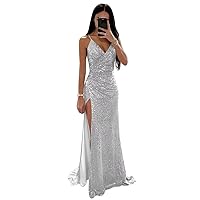 Mermaid Glitter Satin Prom Dress Spaghetti Straps for Women, V Neck Formal Dress Sleeveless Long Evening Gowns High Slit