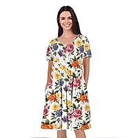 Women's Short Sleeve Empire Knee Length Dress with Pockets Multi Colors/Floral