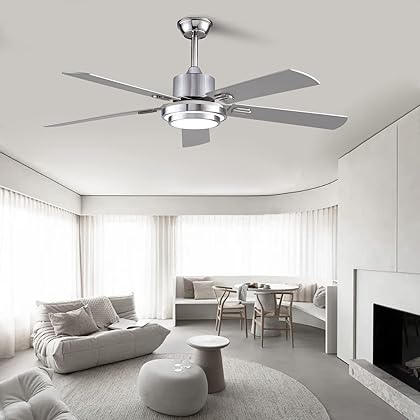 Boomjoy 52”Wood Ceiling Fans with Lights and Remote Control Indoor Outdoor Modern Silver Ceiling Fan with LED Bright Light for Living Room Bedroom Farmhouse Patios Garage Gazebo DC Motor Dual 5 Blades