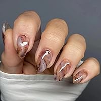 Almond Press on Nails Medium Length Oval Fake Nails Brown Marble Designs Glossy Acrylic Glue on Nails Cute Almond Shaped False Nails Artificial Nails for Women Girls DIY Manicure Decoration