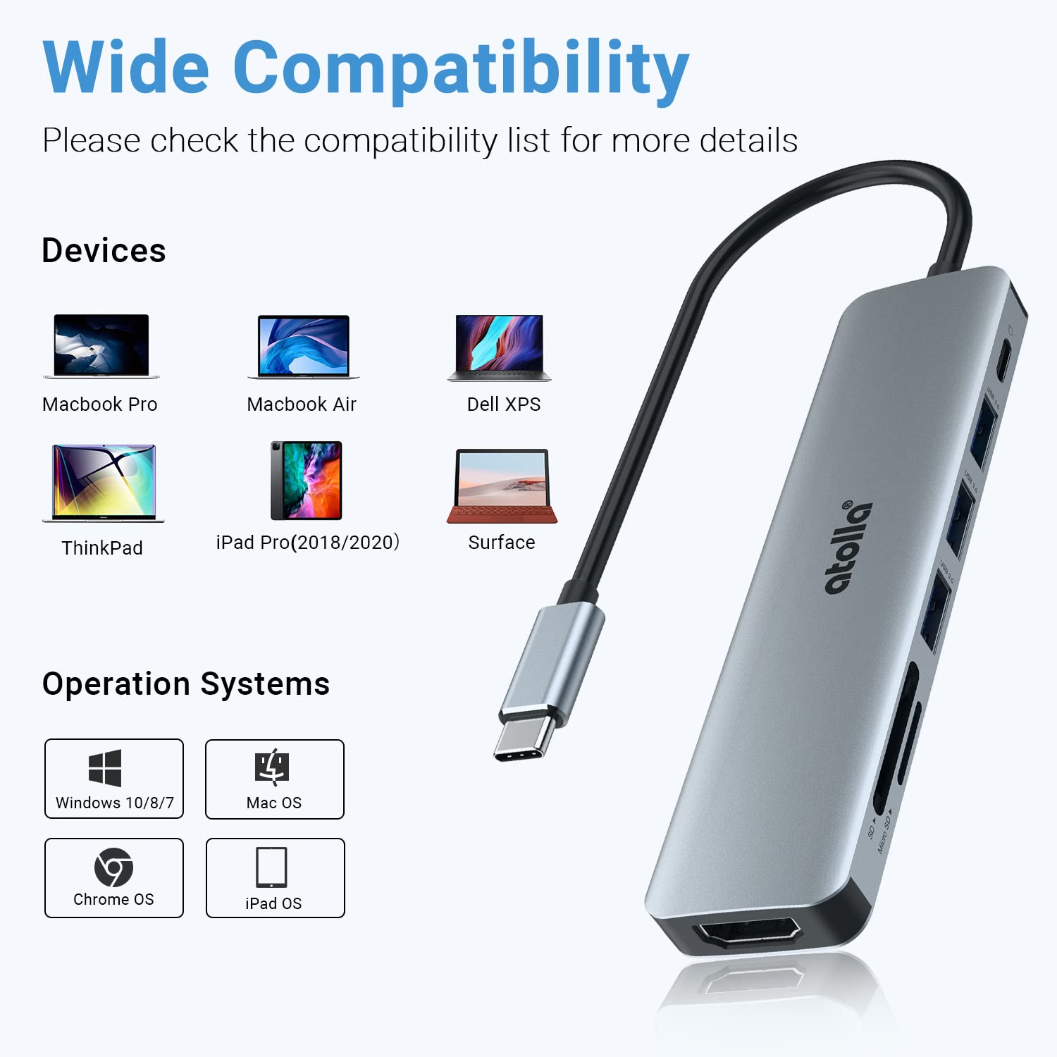 USB C Hub, atolla 7-in-1 USB C Adapter with 4K USB C to HDMI, 100W Power Delivery Port, 3 USB 3.0 Ports, SD/TF Card Reader, USB C Dock for MacBook Pro (Thunderbolt 3) & Other USB Type-C Laptop